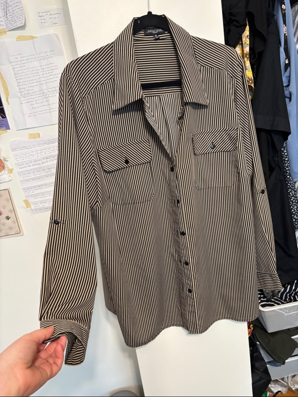 Notations Black & Cream Striped Long-Sleeve Button-Down Shirt